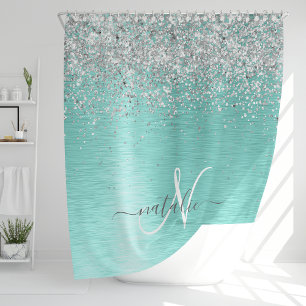 Teal Brushed Metal Silver Glitter Monogram Name