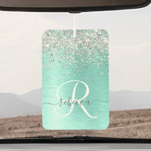 Teal Brushed Metal Silver Glitter Monogram Name Air Freshener