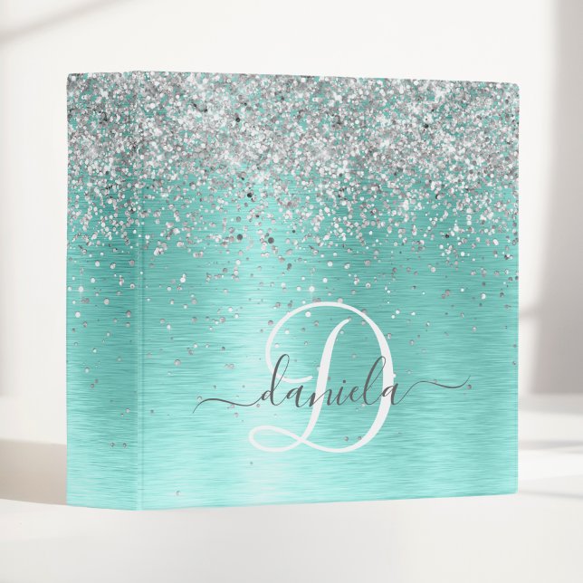 Teal Brushed Metal Silver Glitter Monogram Name Binder (Creator Uploaded)