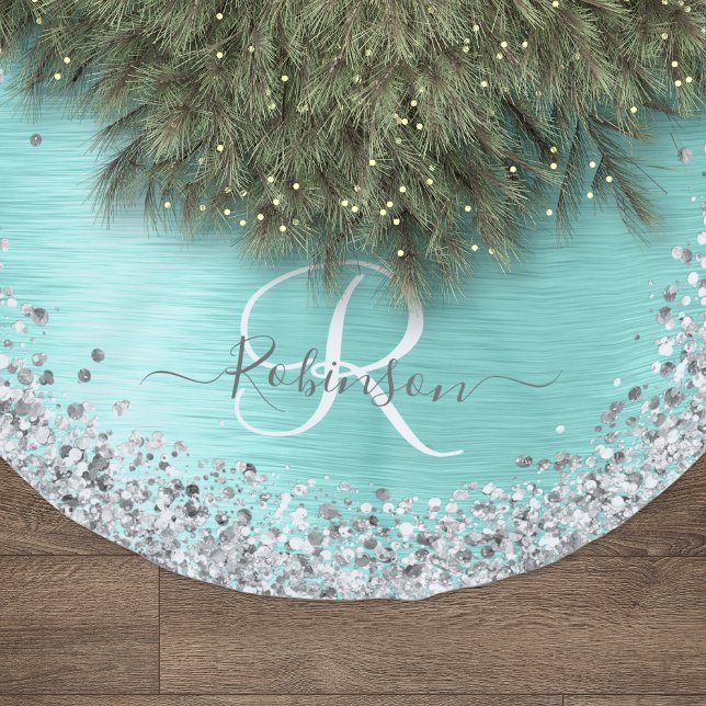 Teal Brushed Metal Silver Glitter Monogram Name Brushed Polyester Tree Skirt (Creator Uploaded)