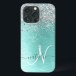 Teal Brushed Metal Silver Glitter Monogram Name iPhone 13 Pro Case<br><div class="desc">Easily personalize this trendy chic phone case design featuring pretty silver sparkling glitter on a teal brushed metallic background.</div>
