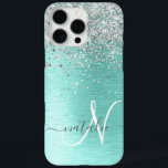 Teal Brushed Metal Silver Glitter Monogram Name iPhone 16 Pro Max Case<br><div class="desc">Easily personalize this trendy chic phone case design featuring pretty silver sparkling glitter on a teal brushed metallic background.</div>