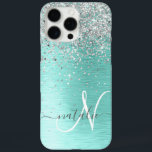Teal Brushed Metal Silver Glitter Monogram Name iPhone 16 Pro Max Case<br><div class="desc">Easily personalize this trendy chic phone case design featuring pretty silver sparkling glitter on a teal brushed metallic background.</div>