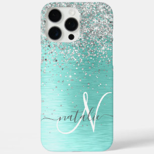 Teal Brushed Metal Silver Glitter Monogram Name iPhone 16 Pro Max Case