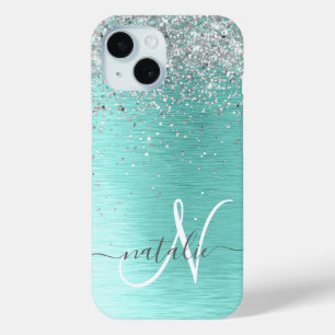 Teal Brushed Metal Silver Glitter Monogram Name iPhone 15 Case
