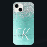 Teal Brushed Metal Silver Glitter Monogram Name Case-Mate iPhone 14 Case<br><div class="desc">Easily personalize this trendy chic phone case design featuring pretty silver sparkling glitter on a teal brushed metallic background.</div>
