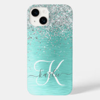 Teal Brushed Metal Silver Glitter Monogram Name