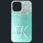 Teal Brushed Metal Silver Glitter Monogram Name iPhone 12 Pro Max Case<br><div class="desc">Easily personalize this trendy chic phone case design featuring pretty silver sparkling glitter on a teal brushed metallic background.</div>