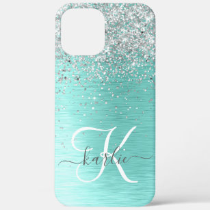 Teal Brushed Metal Silver Glitter Monogram Name iPhone 12 Pro Max Case
