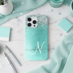 Teal Brushed Metal Silver Glitter Monogram Name iPhone 15 Pro Max Case<br><div class="desc">Easily personalize this trendy chic phone case design featuring pretty silver sparkling glitter on a teal brushed metallic background.</div>