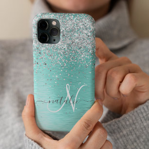 Teal Brushed Metal Silver Glitter Monogram Name iPhone 15 Pro Case