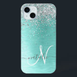 Teal Brushed Metal Silver Glitter Monogram Name iPhone 15 Mini Case<br><div class="desc">Easily personalize this trendy chic phone case design featuring pretty silver sparkling glitter on a teal brushed metallic background.</div>