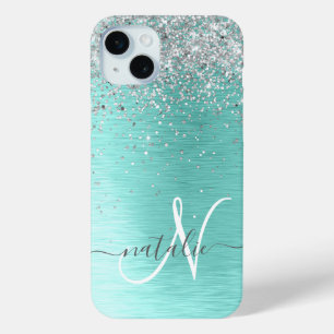Teal Brushed Metal Silver Glitter Monogram Name iPhone 15 Mini Case