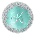 Teal Brushed Metal Silver Glitter Monogram Name