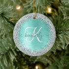 Teal Brushed Metal Silver Glitter Monogram Name