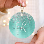 Teal Brushed Metal Silver Glitter Monogram Name Ceramic Ornament<br><div class="desc">Easily personalize this trendy chic ornament design featuring pretty silver sparkling glitter on a teal brushed metallic background.</div>
