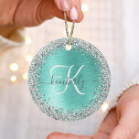 Teal Brushed Metal Silver Glitter Monogram Name Ceramic Ornament<br><div class="desc">Easily personalize this trendy chic ornament design featuring pretty silver sparkling faux glitter on a teal brushed metallic background.</div>