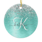 Teal Brushed Metal Silver Glitter Monogram Name