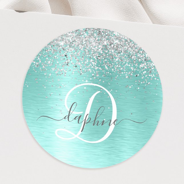 Teal Brushed Metal Silver Glitter Monogram Name Classic Round Sticker (Creator Uploaded)