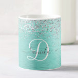 Teal Brushed Metal Silver Glitter Monogram Name Coffee Mug<br><div class="desc">Easily personalize this trendy chic coffee mug design featuring pretty silver sparkling glitter on a teal brushed metallic background.</div>