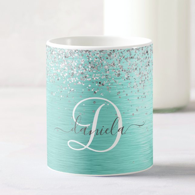 Teal Brushed Metal Silver Glitter Monogram Name Coffee Mug (Creator Uploaded)