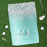 Teal Brushed Metal Silver Glitter Monogram Name Golf Towel<br><div class="desc">Easily personalize this trendy chic golf towel design featuring pretty silver sparkling faux glitter on a teal brushed metallic background.</div>