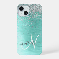 Teal Brushed Metal Silver Glitter Monogram Name