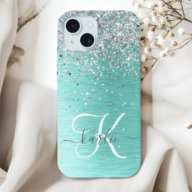 Teal Brushed Metal Silver Glitter Monogram Name iPhone 15 Case (Creator Uploaded)