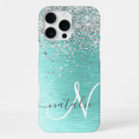 Teal Brushed Metal Silver Glitter Monogram Name