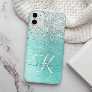 Teal Brushed Metal Silver Glitter Monogram Name iPhone 12 Pro Max Case