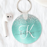 Teal Brushed Metal Silver Glitter Monogram Name Keychain<br><div class="desc">Easily personalize this trendy chic keychain design featuring pretty silver sparkling glitter on a teal brushed metallic background.</div>