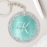 Teal Brushed Metal Silver Glitter Monogram Name Keychain<br><div class="desc">Easily personalize this trendy chic keychain design featuring pretty silver sparkling faux glitter on a teal brushed metallic background.</div>