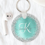 Teal Brushed Metal Silver Glitter Monogram Name Keychain<br><div class="desc">Easily personalize this trendy chic keychain design featuring pretty silver sparkling faux glitter on a teal brushed metallic background.</div>