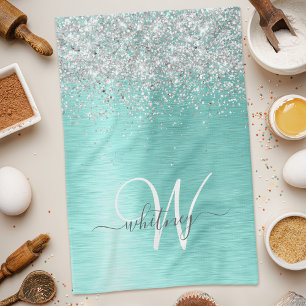 Teal Brushed Metal Silver Glitter Monogram Name Kitchen Towel