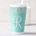 Teal Brushed Metal Silver Glitter Monogram Name Latte Mug<br><div class="desc">Easily personalize this trendy chic latte mug design featuring pretty silver sparkling glitter on a teal brushed metallic background.</div>
