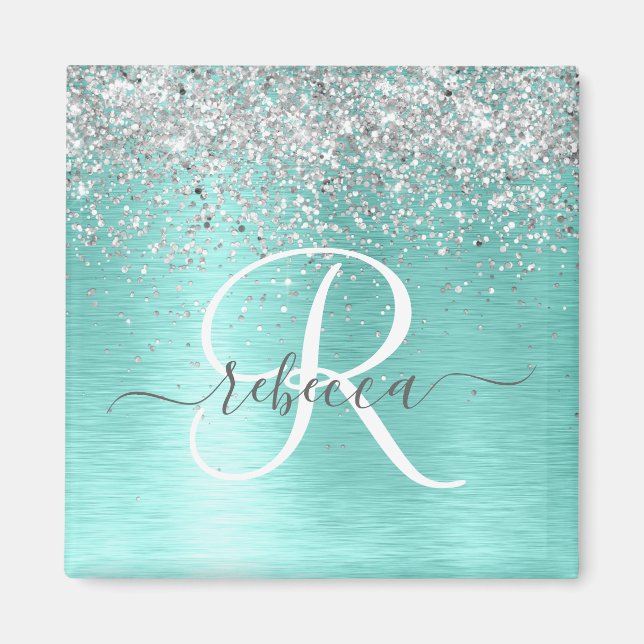Teal Brushed Metal Silver Glitter Monogram Name Magnet (Front)