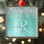 Teal Brushed Metal Silver Glitter Monogram Name Metal Ornament<br><div class="desc">Easily personalize this trendy chic ornament design featuring pretty silver sparkling glitter on a teal brushed metallic background.</div>