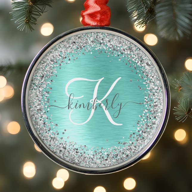 Teal Brushed Metal Silver Glitter Monogram Name Metal Ornament (Creator Uploaded)
