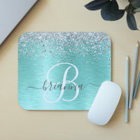 Teal Brushed Metal Silver Glitter Monogram Name