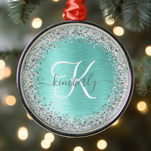 Teal Brushed Metal Silver Glitter Monogram Name Ornament