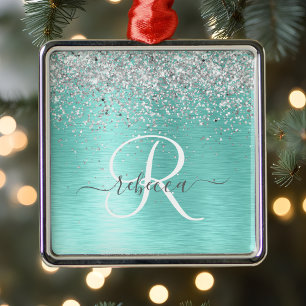  Teal Brushed Metal Silver Glitter Monogram Name Ornament