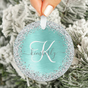 Teal Brushed Metal Silver Glitter Monogram Name Ornament