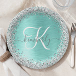 Teal Brushed Metal Silver Glitter Monogram Name Paper Plate<br><div class="desc">Easily personalize this trendy chic paper plate design featuring pretty silver sparkling glitter on a teal brushed metallic background.</div>