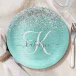 Teal Brushed Metal Silver Glitter Monogram Name Paper Plate<br><div class="desc">Easily personalize this trendy chic paper plates design featuring pretty silver sparkling glitter on a teal brushed metallic background.</div>