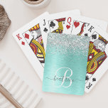 Teal Brushed Metal Silver Glitter Monogram Name Playing Cards<br><div class="desc">Easily personalize this trendy chic playing cards design featuring pretty silver sparkling glitter on a teal brushed metallic background.</div>