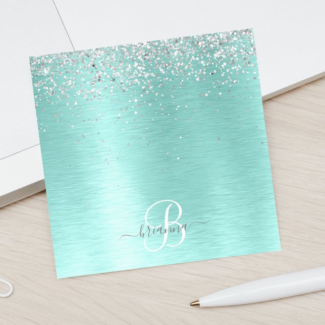 Teal Brushed Metal Silver Glitter Monogram Name Post-it Notes (Creator Uploaded)
