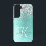 Teal Brushed Metal Silver Glitter Monogram Name Samsung Galaxy Case<br><div class="desc">Easily personalize this trendy chic phone case design featuring pretty silver sparkling glitter on a teal brushed metallic background.</div>