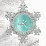Teal Brushed Metal Silver Glitter Monogram Name Snowflake Pewter Christmas Ornament<br><div class="desc">Easily personalize this trendy chic snowflake framed Christmas ornament design featuring pretty silver sparkling glitter on a teal brushed metallic background.</div>