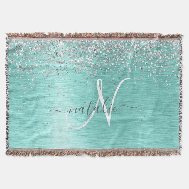Teal Brushed Metal Silver Glitter Monogram Name Throw Blanket (Front)