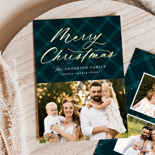 Teal Brushed Plaid Gold Foil 3 Photo Foil Holiday Card